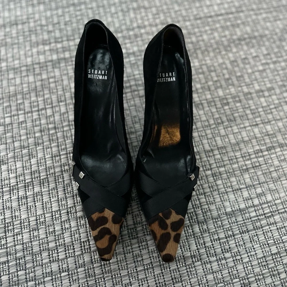 Stuart Weitzman Viceroy Black Suede Haircalf Toecap Kitten Heel Pumps 9M